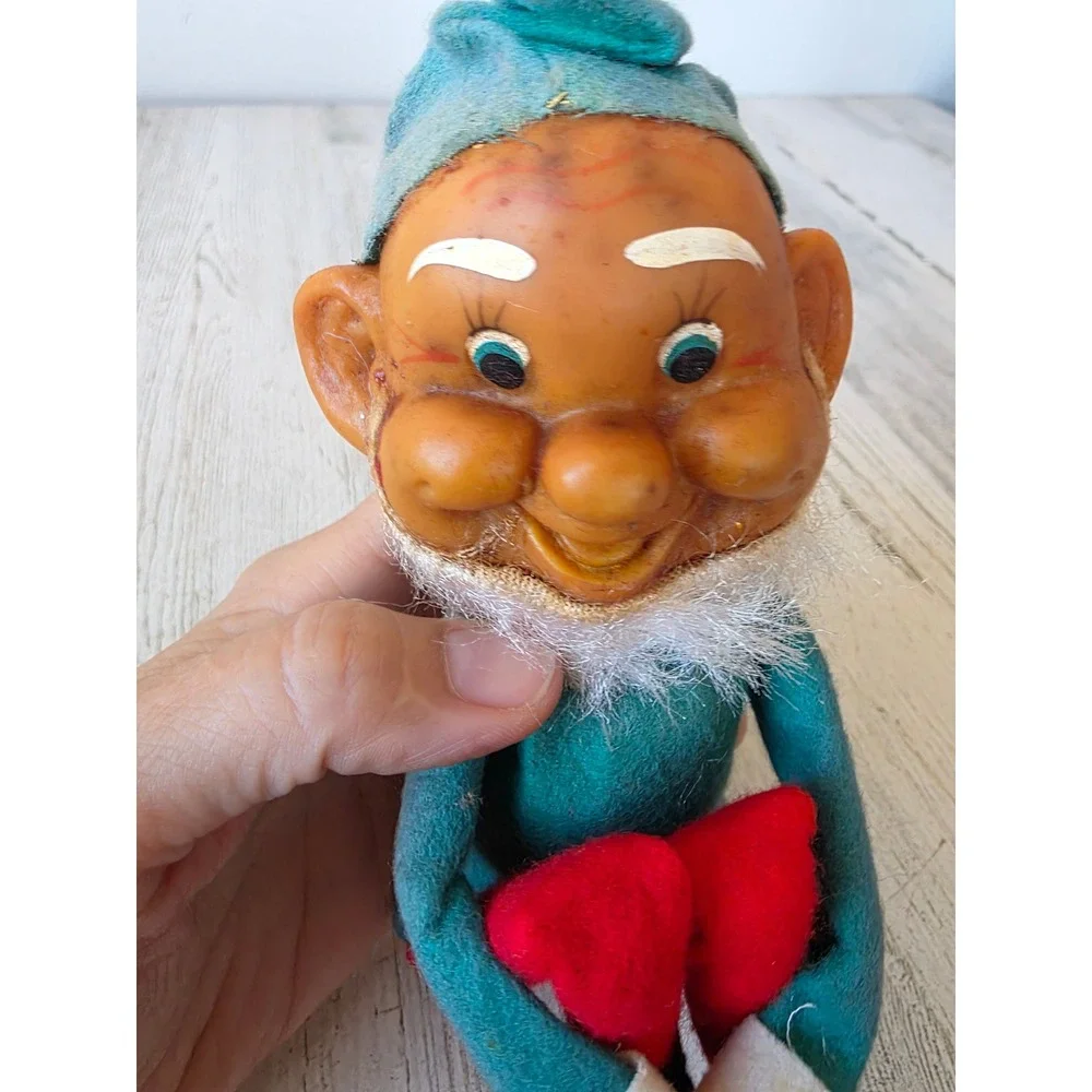 Antique vintage knee hugger felt elf plush decor Xmas figurine plush rubber face